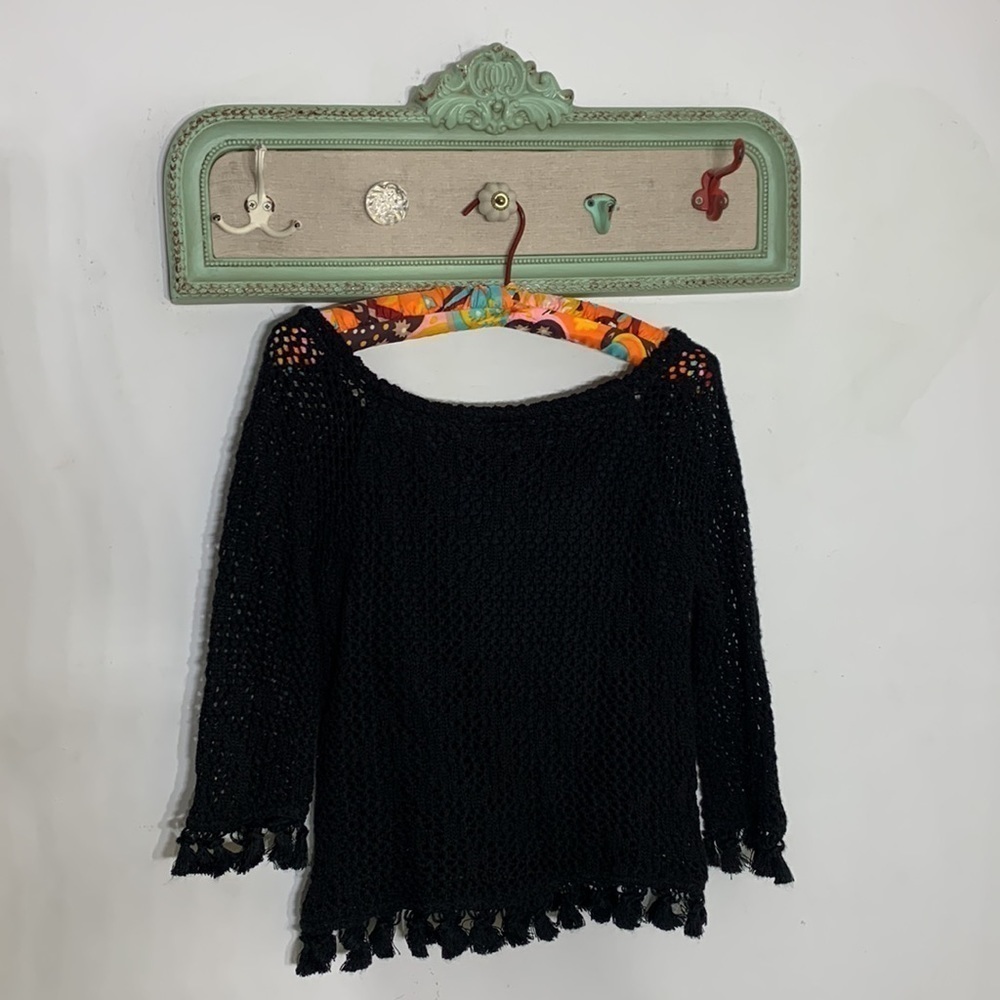 Harlow Crochet Black Tassel fringe v neck long sleeve bohemian top small - Picture 5 of 6